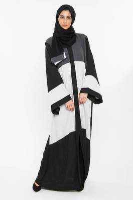 3-Tier Colored Abaya in White, Grey, and Pale Grey with Cross Cut Details 2