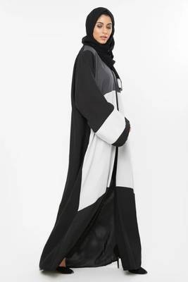 3-Tier Colored Abaya in White, Grey, and Pale Grey with Cross Cut Details 3