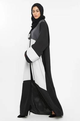 3-Tier Colored Abaya in White, Grey, and Pale Grey with Cross Cut Details 4