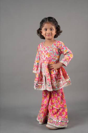 Aatya Kiids short peplum gota embellished top beautiful cut and dori with sharara -dark pink
