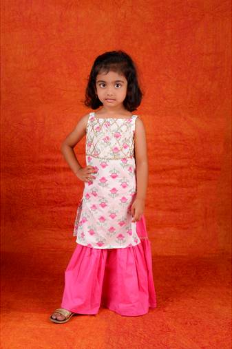 Aatya Kiids beautiful pink lotus print with gota embellished sleeveless kurta with sharara-