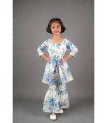 Aatya Kiids blue flowers with white base gold embellished flower print sharara set