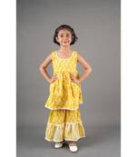 Aatya Kiids yellow printed sleeveless kurta with gota work with sharara