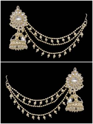 Cz polki kundan pearls jhumki earrings with kaan chain set 1