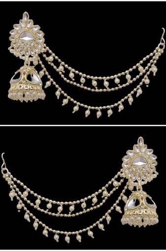Cz polki kundan pearls jhumki earrings with kaan chain set