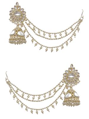 Cz polki kundan pearls jhumki earrings with kaan chain set 2