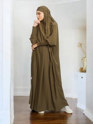 Elegant One Piece Jilbab in Luxurious Firdaus Fabric with Smocky Sleeves and Attached Mouthpiece 2
