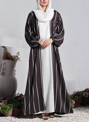 Three Pieces Abaya Set with White Nida Satin Sleeveless Inner, Premium Poly Silk Open Abaya, and White Hijab 1