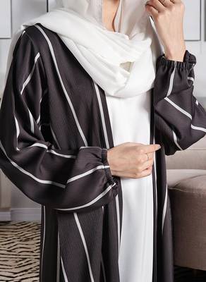 Three Pieces Abaya Set with White Nida Satin Sleeveless Inner, Premium Poly Silk Open Abaya, and White Hijab 3