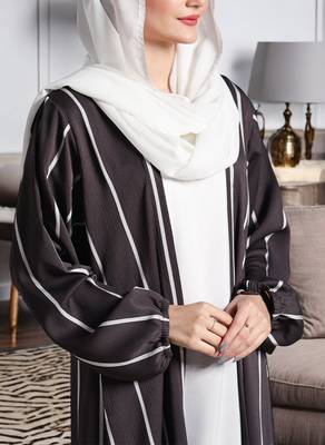 Three Pieces Abaya Set with White Nida Satin Sleeveless Inner, Premium Poly Silk Open Abaya, and White Hijab 4