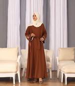 A-Line Fit Abaya with Round Neck, Flared Sleeves, Contrast Piping, Belt, and Complementary Hijab