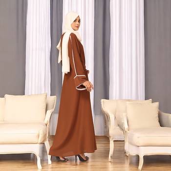 A-Line Fit Abaya with Round Neck, Flared Sleeves, Contrast Piping, Belt, and Complementary Hijab 3