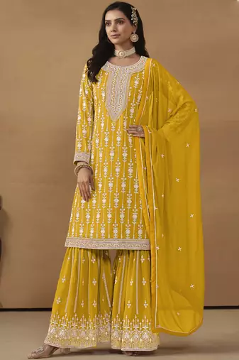 Designer yellow faux georgette embroidery sharara suit