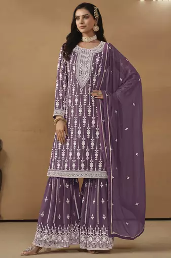 Designer purple faux georgette embroidery sharara suit