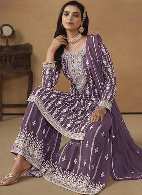 Designer purple faux georgette embroidery sharara suit 3