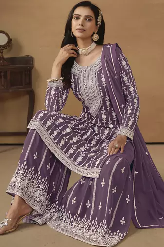 Designer purple faux georgette embroidery sharara suit