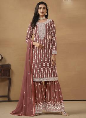 Designer brown faux georgette embroidery sharara suit 1
