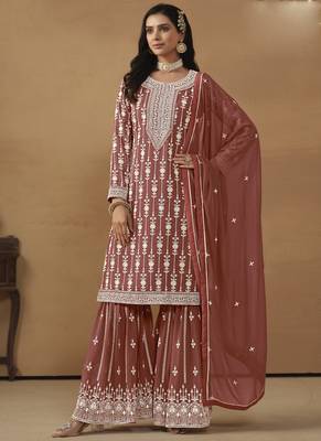 Designer brown faux georgette embroidery sharara suit 2