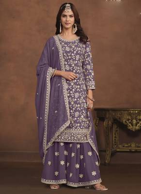 Designer lavender faux georgette embroidery sharara suit 1