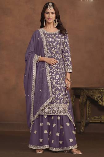 Designer lavender faux georgette embroidery sharara suit