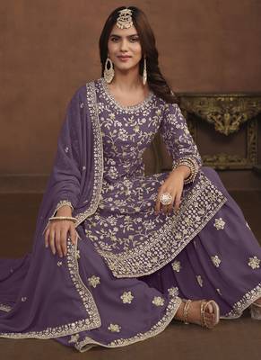 Designer lavender faux georgette embroidery sharara suit 2