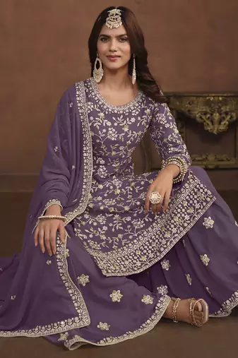 Designer lavender faux georgette embroidery sharara suit
