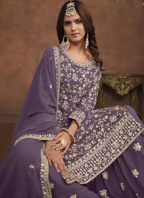 Designer lavender faux georgette embroidery sharara suit 3
