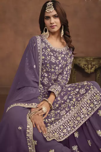 Designer lavender faux georgette embroidery sharara suit