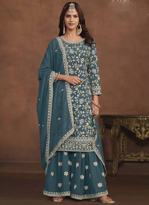 Designer dark grey faux georgette embroidery sharara suit 1