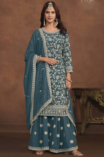 Designer dark grey faux georgette embroidery sharara suit