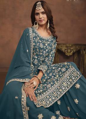 Designer dark grey faux georgette embroidery sharara suit 2