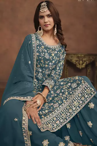 Designer dark grey faux georgette embroidery sharara suit