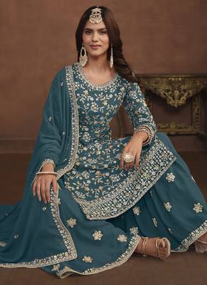 Designer dark grey faux georgette embroidery sharara suit 3