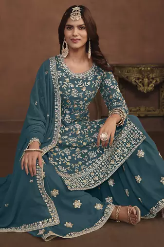 Designer dark grey faux georgette embroidery sharara suit
