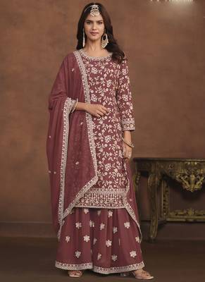 Designer brown faux georgette embroidery sharara suit 1