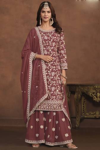 Designer brown faux georgette embroidery sharara suit