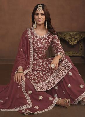 Designer brown faux georgette embroidery sharara suit 2