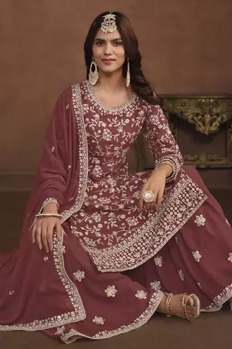 Designer brown faux georgette embroidery sharara suit