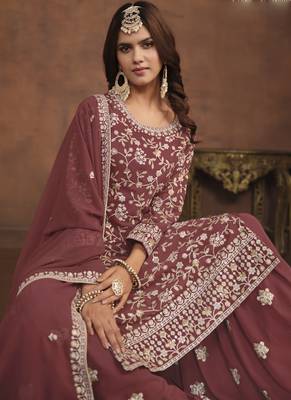 Designer brown faux georgette embroidery sharara suit 3