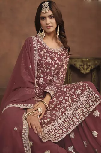 Designer brown faux georgette embroidery sharara suit