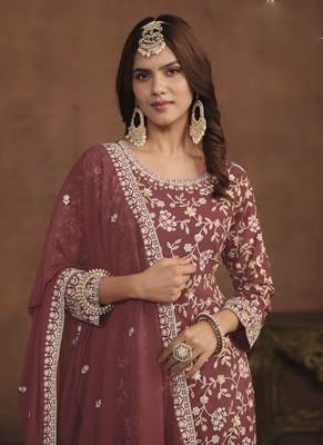 Designer brown faux georgette embroidery sharara suit 4