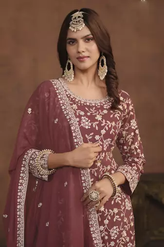 Designer brown faux georgette embroidery sharara suit