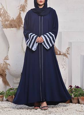Front Open Abaya in Firdaus Fabric with Multi-Layer Contrast Sleeves, Full Zipper, Pockets, and Complementary Hijab 1