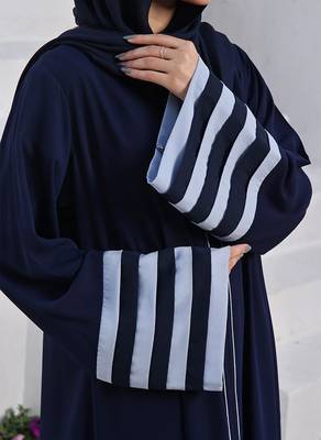 Front Open Abaya in Firdaus Fabric with Multi-Layer Contrast Sleeves, Full Zipper, Pockets, and Complementary Hijab 2