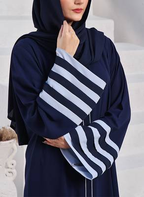 Front Open Abaya in Firdaus Fabric with Multi-Layer Contrast Sleeves, Full Zipper, Pockets, and Complementary Hijab 3