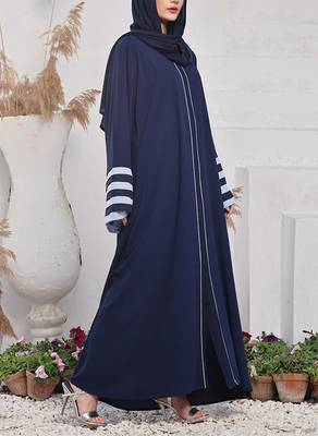 Front Open Abaya in Firdaus Fabric with Multi-Layer Contrast Sleeves, Full Zipper, Pockets, and Complementary Hijab 4