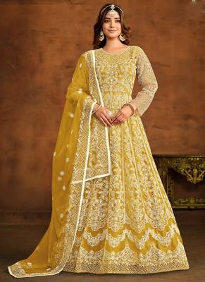 Designer yellow net embroidery anarkali suit 1