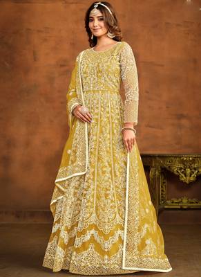 Designer yellow net embroidery anarkali suit 2
