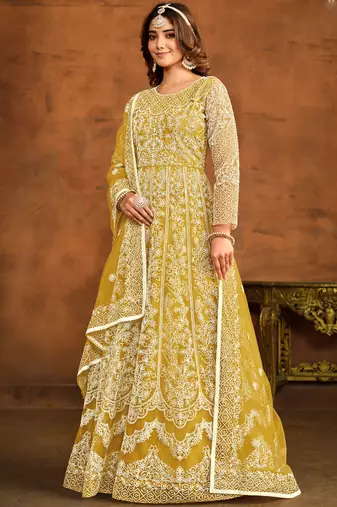 Designer yellow net embroidery anarkali suit