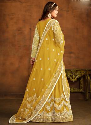 Designer yellow net embroidery anarkali suit 3